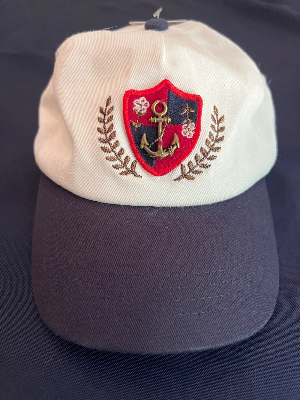 Free People Two-Tone Navy and White Cap with Red Anchor Crest